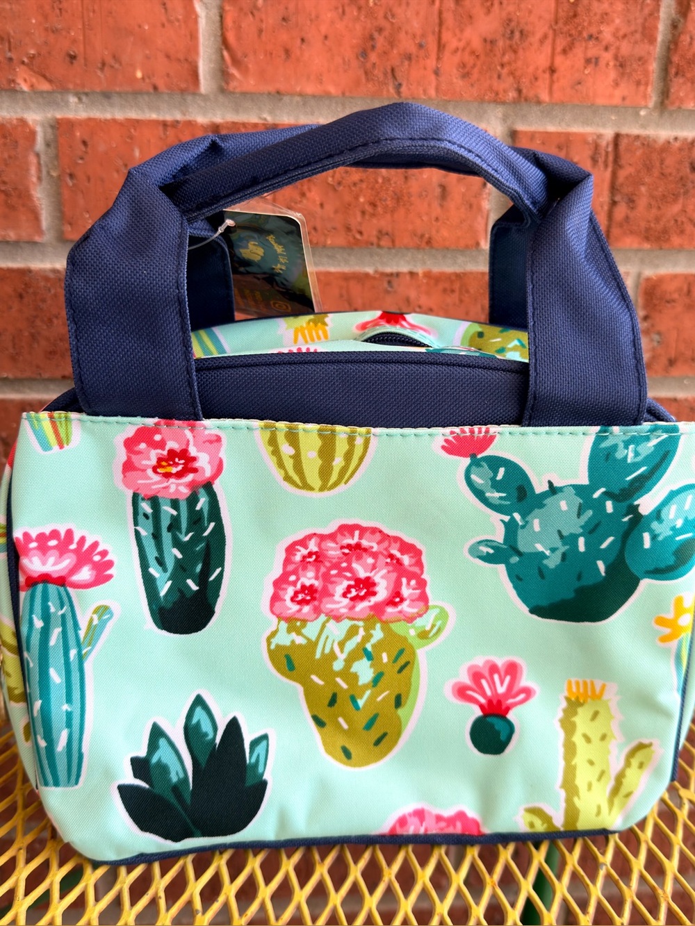 Kids Mint and Navy Cactus -Print Insulated Lunch Bag with Navy Handles